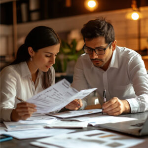 pensión conyugal en Atlanta con presupuesto y documentos sobre una mesa